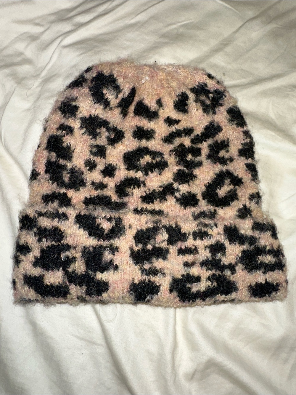 BCBGeneration tan and Black Leopard Fuzzy Beanie